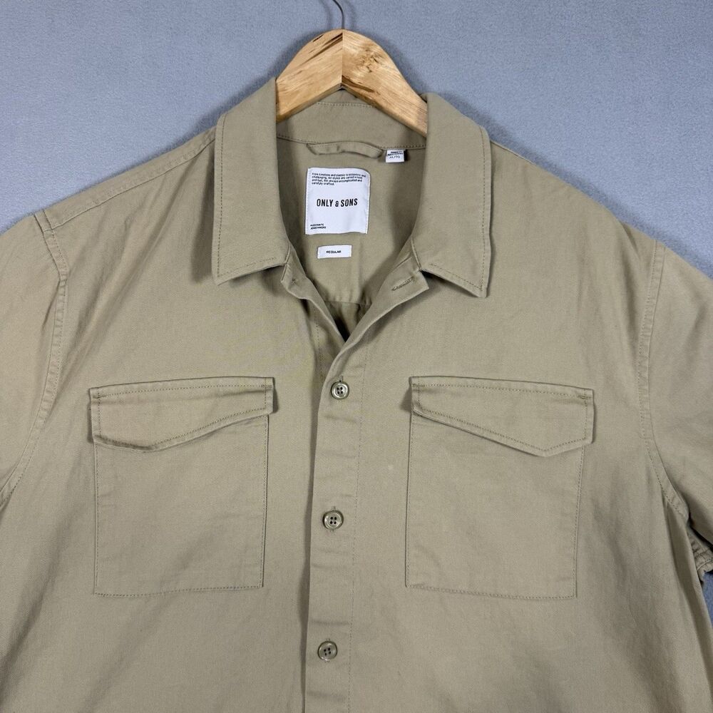 Only & Sons Mens XL Khaki 4 Pocket Short Sleeve Overshirt Cotton Work Shirt